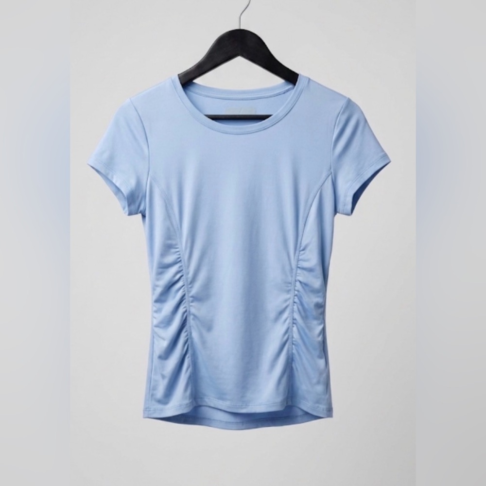 LIJA Women's Medium Light Blue Ruched Short Sleeve Activewear Top Tennis Yoga